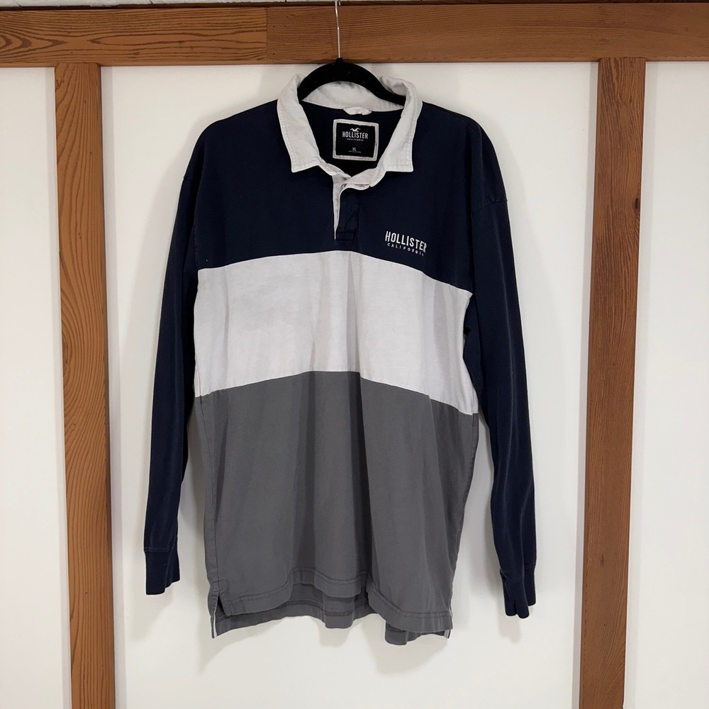 Hollister Y2K Colorblock Rugby Polo Shirt Men XL Navy White Lg Sleeve blokecore